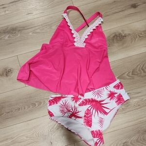 Plus Pink and White Tropical Swimsuit Tankini Vacation Ready!